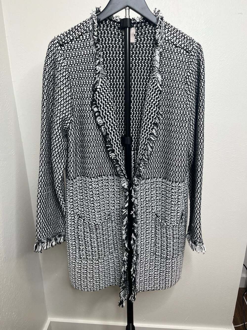 Black & White Tweed Cardigan | Fringe Open-Front Sweater Jacket